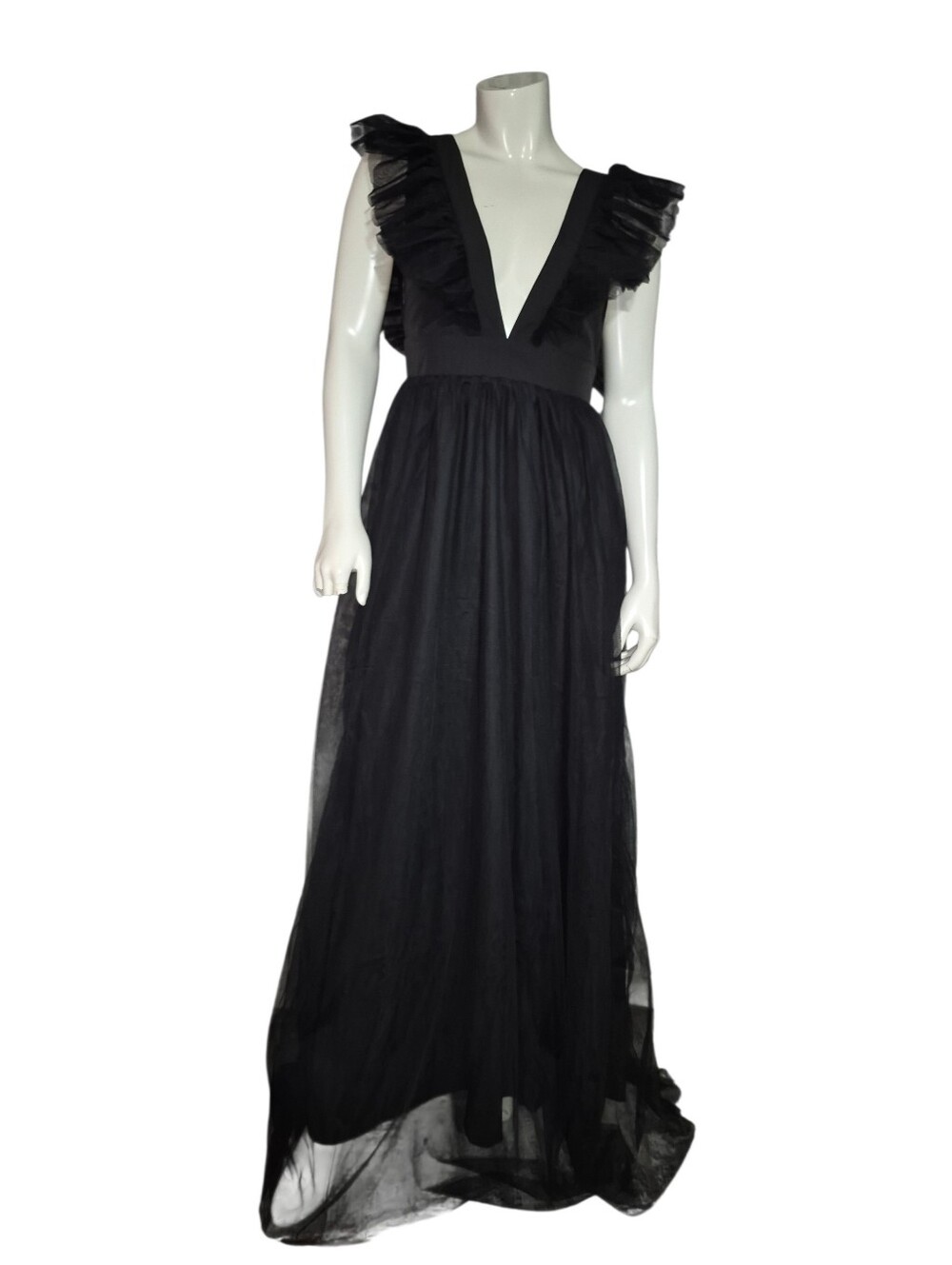 Gothic Princess Deep Vee Maxi Dress Black Mesh Overlay Backless Size XS NWT